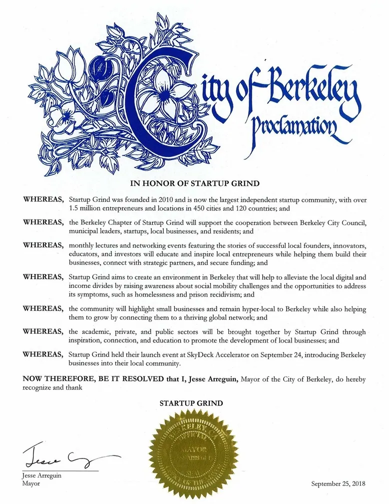 City of Berkeley proclamation recognizing Startup Grind Berkeley.