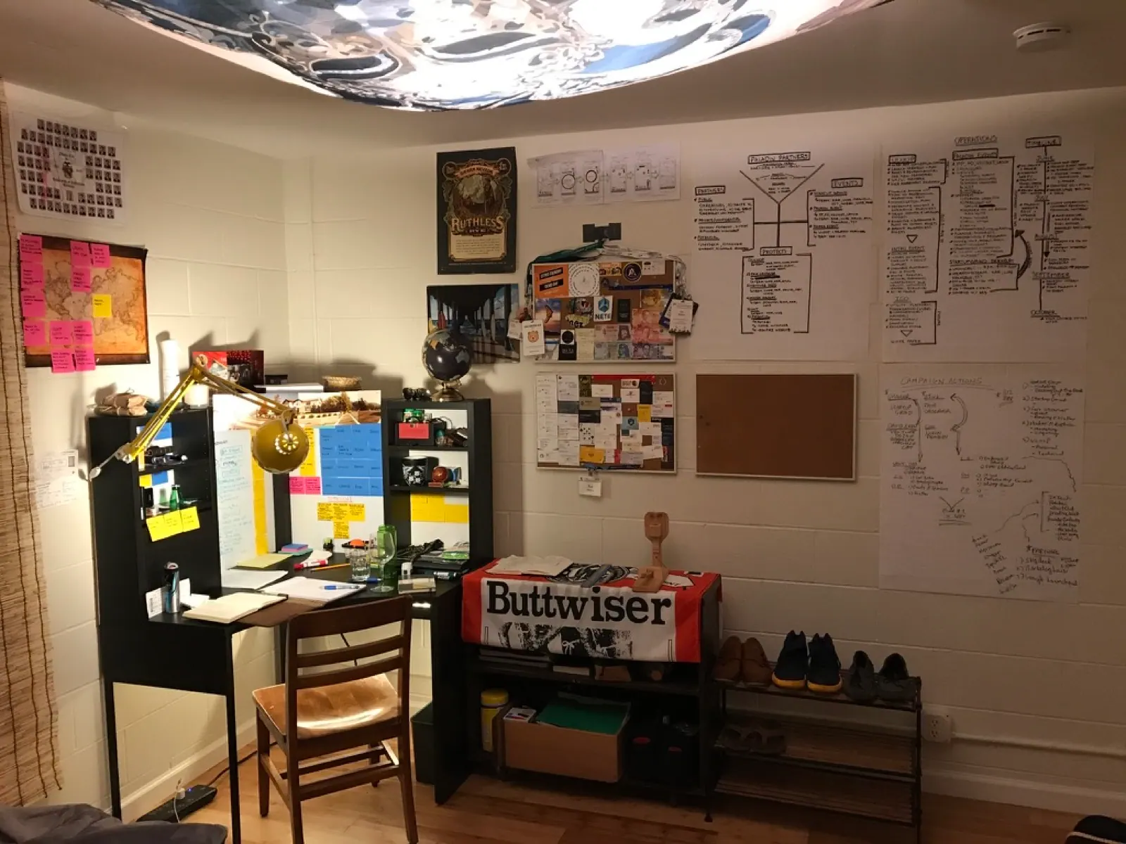 Early room wall with desks, maps, boards, and plans.