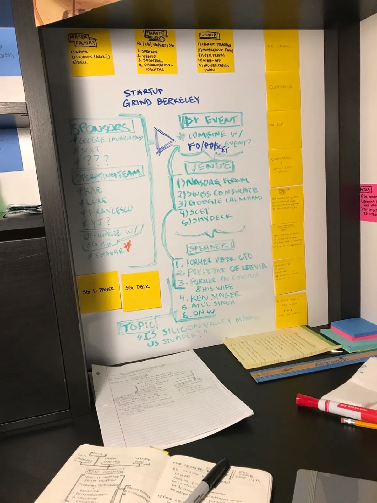 Startup Grind Berkeley planning board from a work desk.
