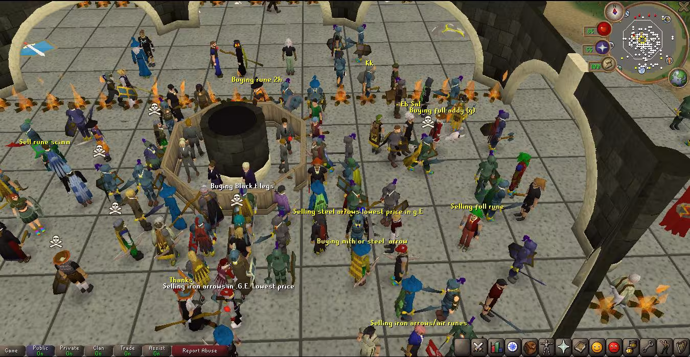 RuneScape gameplay screenshot showing players buying and selling items, with the minimap and game interface visible.
